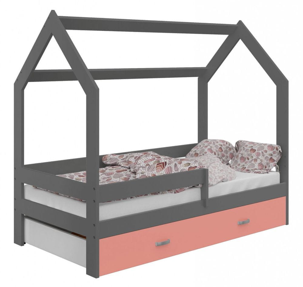 eoshop Detská posteľ Domček 80x160 cm D3, rošt ZADARMO - sivá, úlož. jednoducho: ružová, matracu: bez matraca